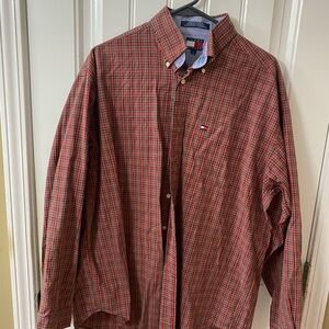 Tommy Hilfiger Men's Red and Green Checkered Shirt